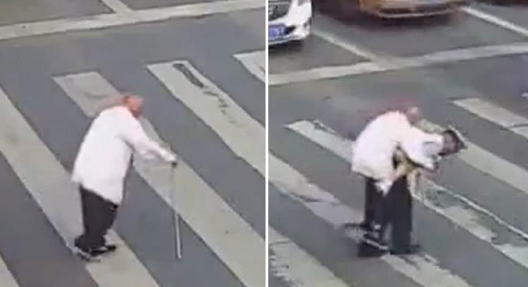 Watch: Traffic police helps elderly man cross the road by lifting him on his back!